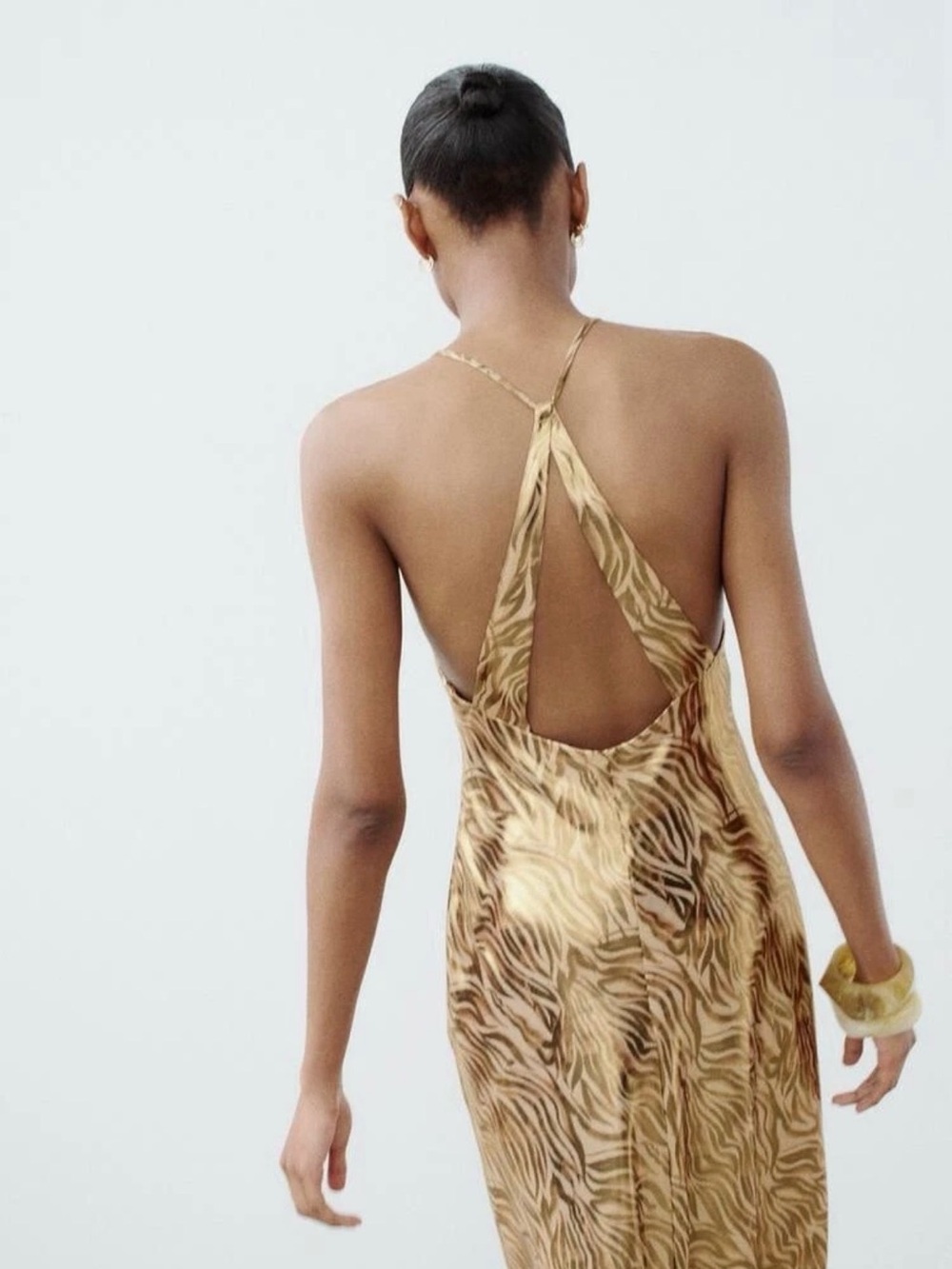Zara Gold Foil Animal Print Midi Length Halter Dress